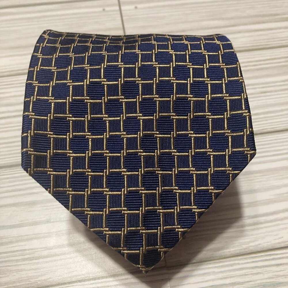 Brooks Brothers Makers Tie All Silk Geometric Navy Blue Gold Repp Made in USA
